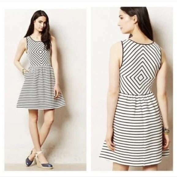 Maeve | Anthropologie Mitred Black & White Striped Fit & Flare Dress Size 8 P - Picture 1 of 12